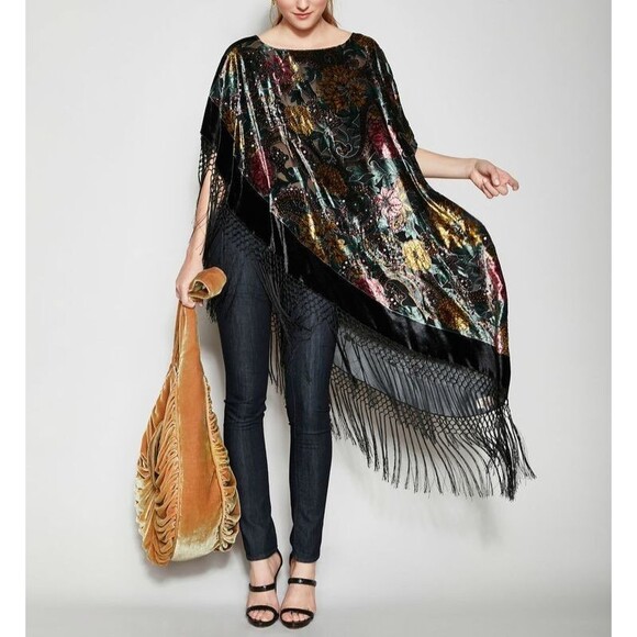Heidi Abra Night Garden Burnout Silk Velvet Fringe Poncho One Size Whimsigoth